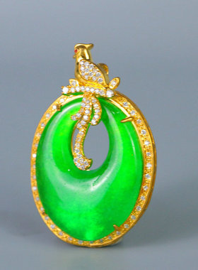 精品高冰种老翡翠平安扣挂牌吊坠满绿镶嵌包银老翠玉饰品百搭挂坠