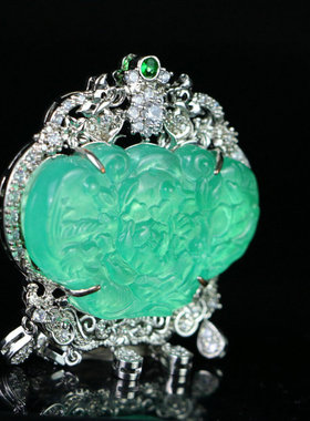 缅甸冰种老翡翠牡丹花卉项链吊坠冰透翡翠色银镶嵌翠玉男女款玉佩