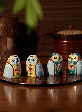 日本九谷烧陶瓷猫头鹰摆件装饰