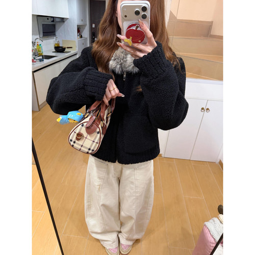 皮毛一体定染大毛领小颗粒羊羔毛外套女冬季黑色毛毛冬装2025新品 - 图3