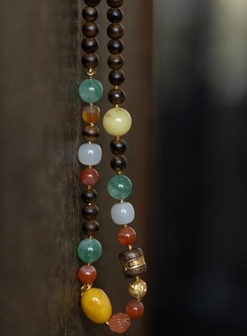 泼墨 。设计师新品多宝缤纷  蜜蜡南红沉香木等合集 精致复古项链