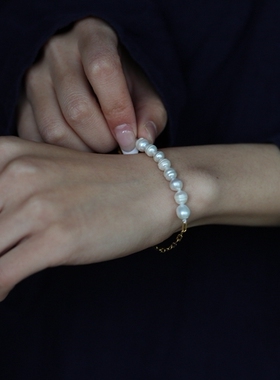 泼墨。珍珠S925银镀金手链