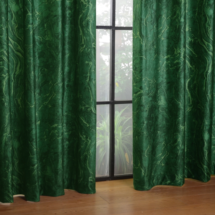 欧式美式田园风格落地窗墨绿色抽象线条纹理荷兰绒布印花窗帘-图1