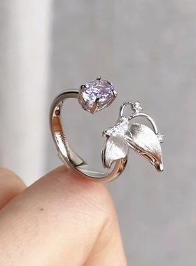 S925纯银紫蝶戒指项链紫色锆石蝴蝶花瓣女小众轻奢温柔百搭2024新