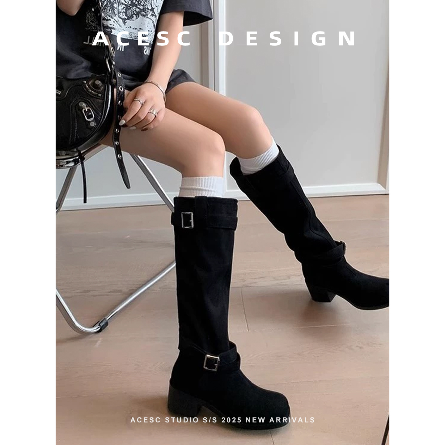 两穿复古褶皱圆头粗跟堆堆靴2025新款秋冬长筒靴绒面不过膝长靴 - 图3