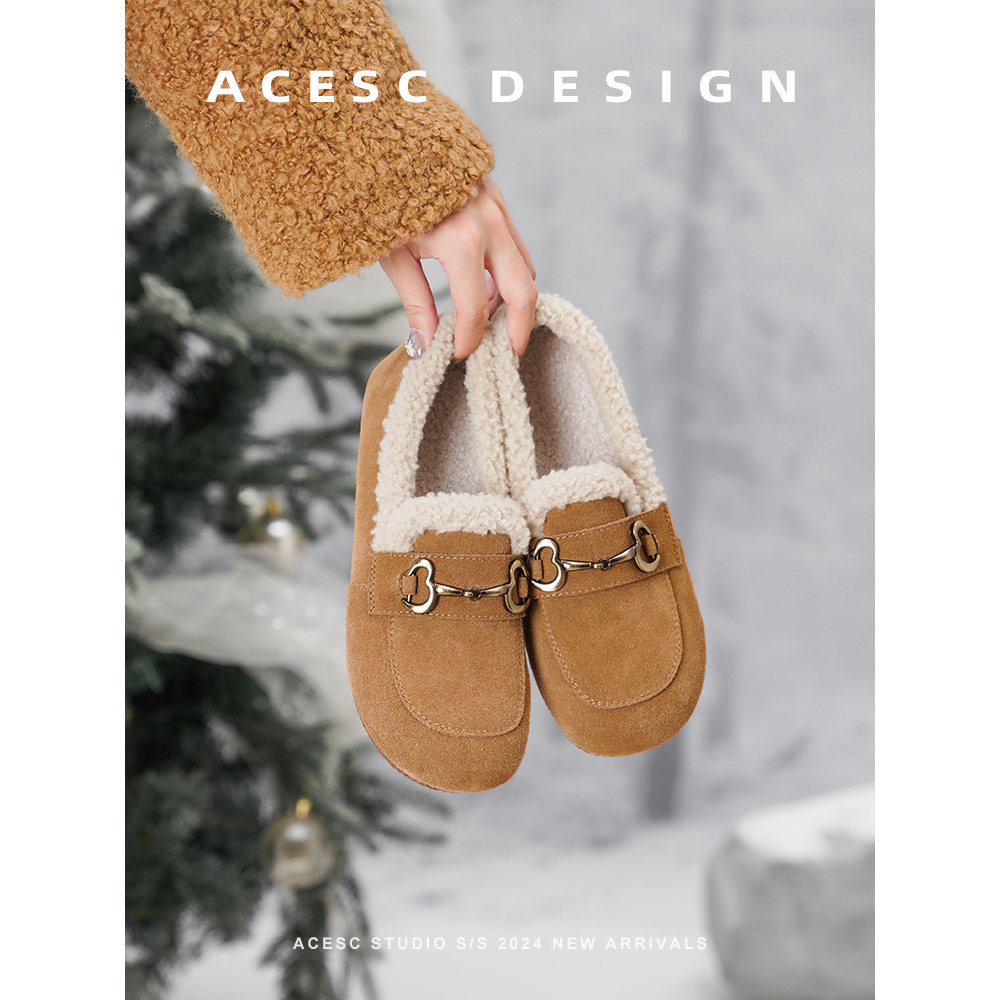 艾斯臣真皮乐福鞋女2024秋冬新款豆豆鞋一脚蹬百搭加绒加厚棉鞋,淘宝优惠券,粉丝福利购,淘宝优惠卷