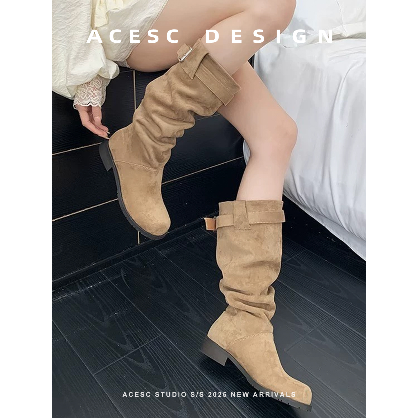 两穿复古褶皱圆头粗跟堆堆靴2025新款秋冬长筒靴绒面不过膝长靴 - 图1