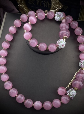 中古Vintage复古时尚大气猫眼石搭穆拉诺珠子配葫芦项链手链套装