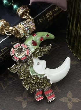 中古Vintage复古时尚小众月亮吊坠象牙白主体搭配绿色装饰吊坠