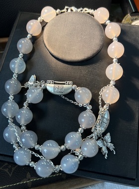 中古Vintage 原创设计高级简约挎包灰白色玛瑙珠项链手链套装