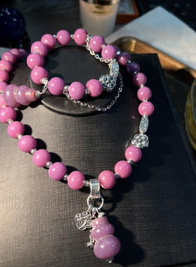 中古Vintage 原创设计简约款精品粉色金红老料老琉璃套装项链手链