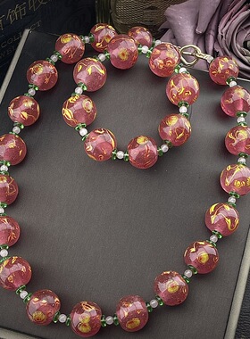 中古Vintage简约时尚复古气质精致金红凤眼圆珠链套装项链手链