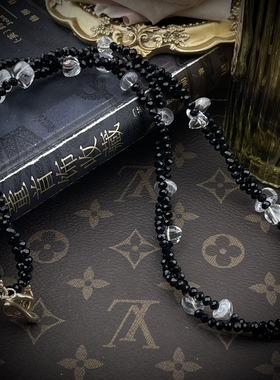 中古Vintage简约时尚个性气质小众水晶不规则长款黑色项链