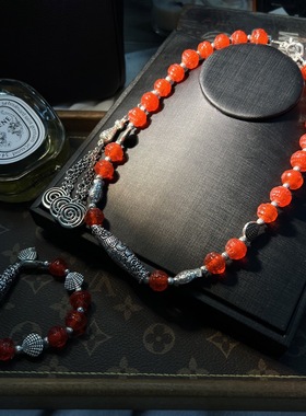 中古vintage 时尚气质原创藏银精致老琉璃回纹珠子套装手链项链