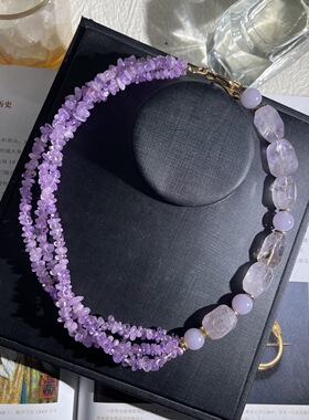 Vintage中古紫水晶随形石搭配水晶小碎石串珠通透轻盈温柔款项链