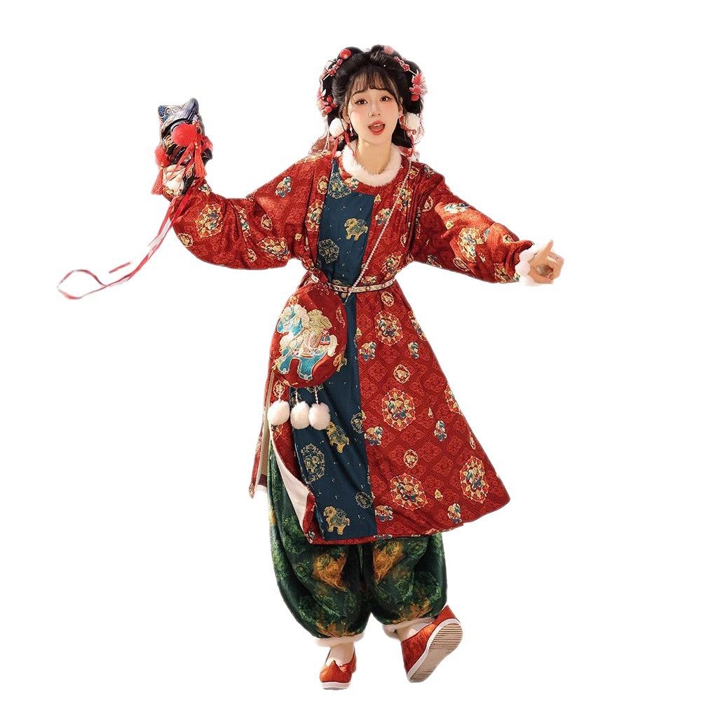 原创唐制汉服女2026新款圆领袍刺绣灯笼裤复原风冬季加绒拜年古装,淘宝优惠券,粉丝福利购,淘宝优惠卷