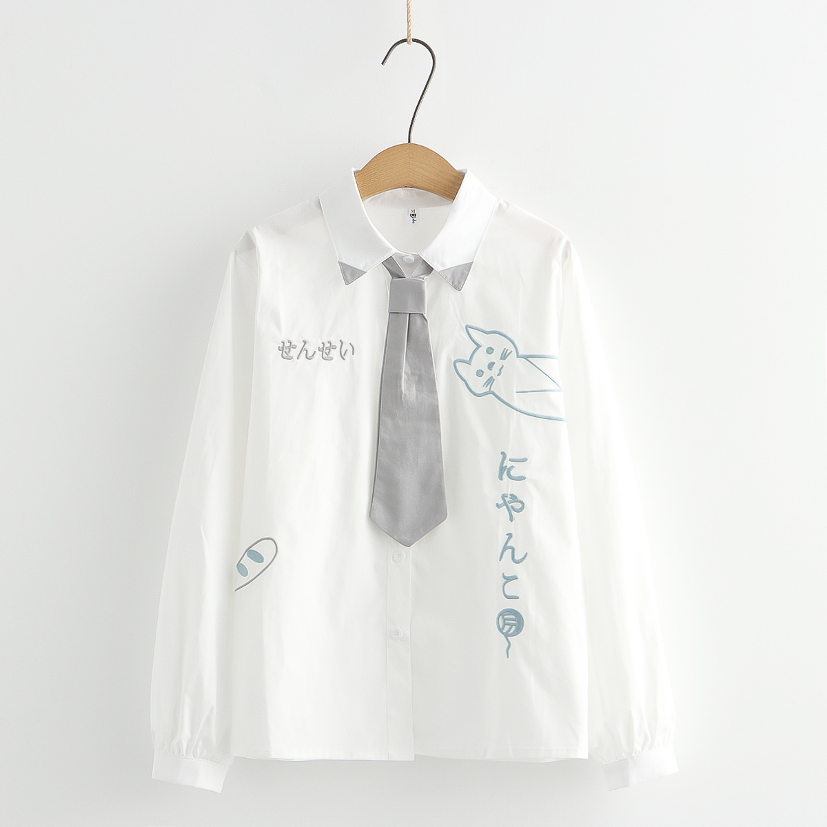 日系少女学院风可爱猫咪领带长袖白衬衫女春季初高中学生打底衬衣