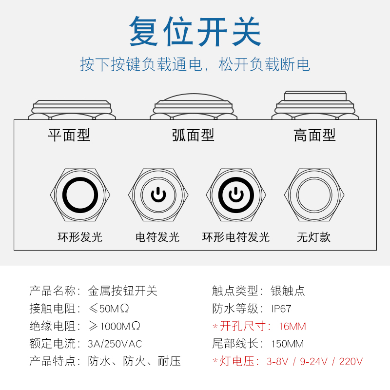 16mm金属按钮开关高头环形防水 带灯自复位小型汽车改装6v12v24v - 图1