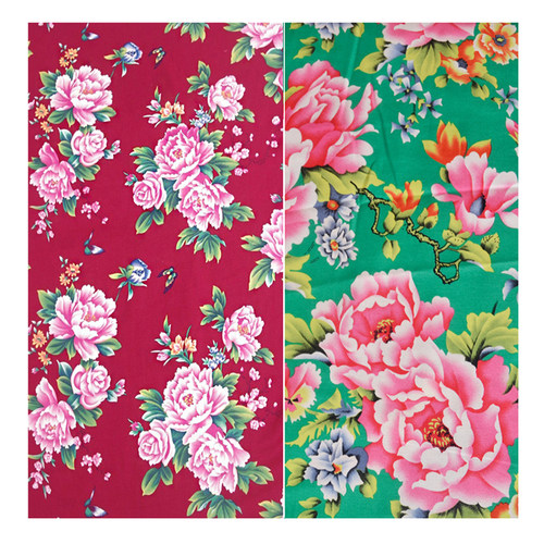 原创中国风全棉布料东北大花布面料服装民族风怀旧绿色紫红牡丹花 - 图3