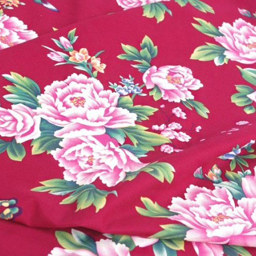 原创中国风全棉布料东北大花布面料服装民族风怀旧绿色紫红牡丹花 - 图2