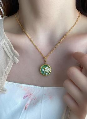 中古vintage绿色油画风项链