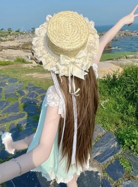 麦秆lolita草帽森系飘带遮阳帽