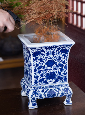 仿古景德镇青花陶瓷花盆福寿花纹方形中式古典装饰 陶瓷水培花盆