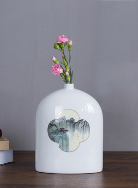 新中式花瓶摆件轻奢陶瓷创意样板F房客厅家居软装饰品水墨花瓶