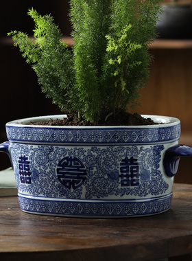 陶瓷双耳喜字高档落地绿植花盆