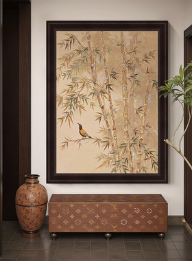 宋代美式轻奢竖版竹子客厅装饰画法式房间复古壁画中古风玄关挂画