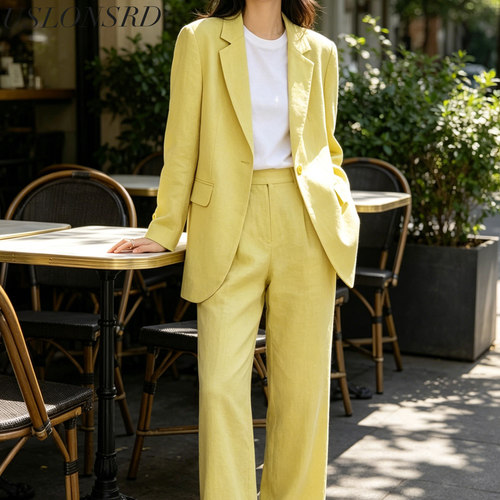 笙声曼 女西装套装宽松浅黄中长款职业套装亚麻小直筒长裤两件套 - 图0