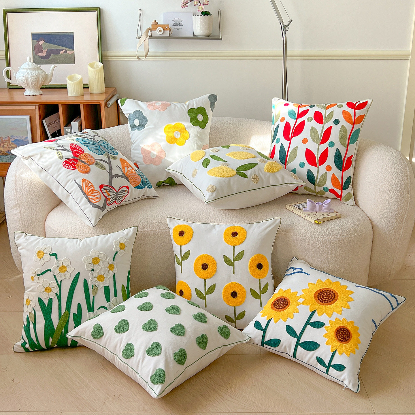 毛巾绣抱枕套花朵刺绣不含芯田园风靠垫家居床头办公室沙发腰,淘宝优惠券,粉丝福利购,淘宝优惠卷