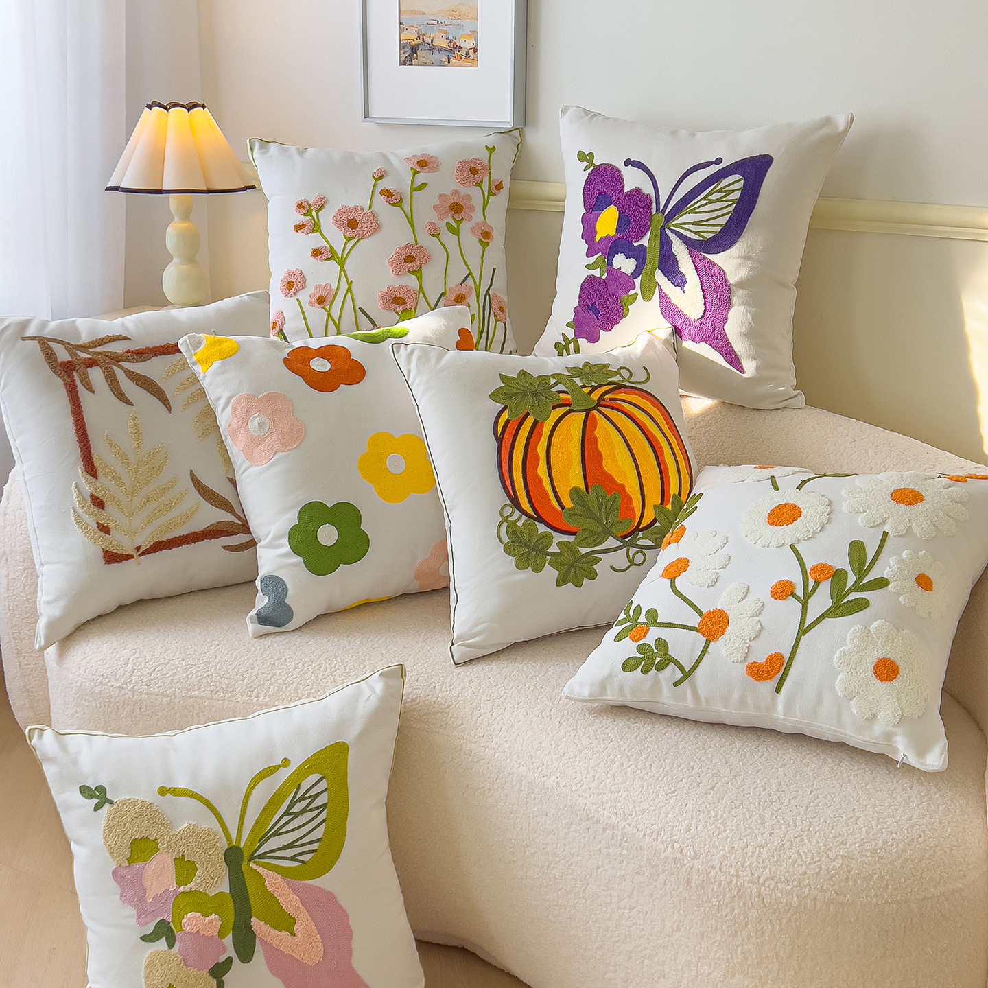 毛巾绣抱枕套花朵刺绣不含芯田园风靠垫家居床头办公室沙发腰,淘宝优惠券,粉丝福利购,淘宝优惠卷