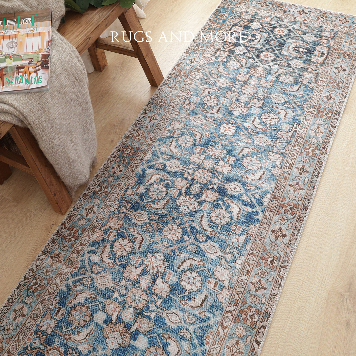 山川嘉境原创做旧客厅装饰毯蓝色复古印花地毯土耳其摩洛哥走廊毯,淘宝优惠券,粉丝福利购,淘宝优惠卷