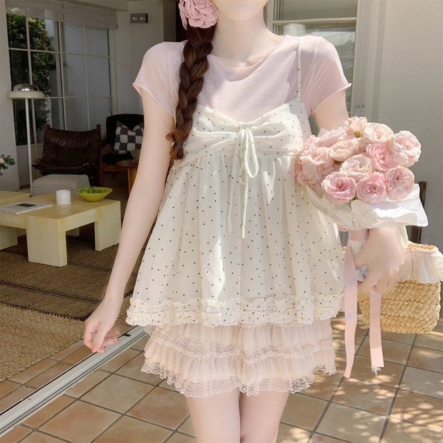 ຊຸດເສື້ອແຂນສັ້ນ 2 ຜືນ polka dot ສີບົວ