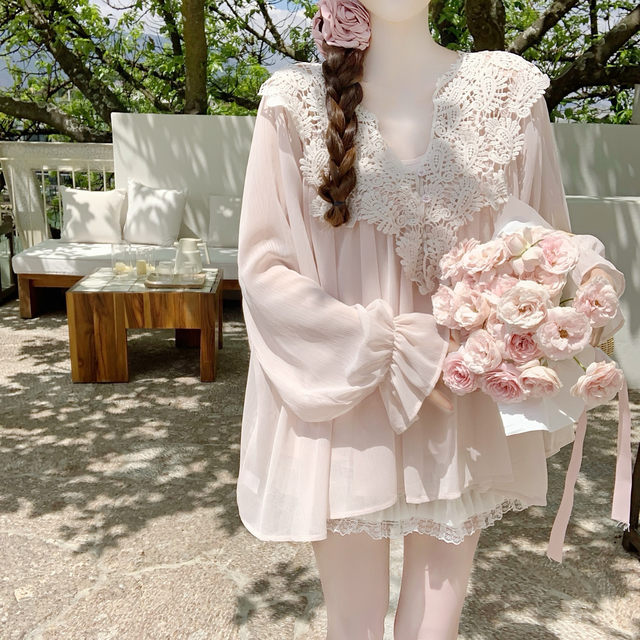 ເສື້ອ chiffon lace crocheted ແມ່ຍິງ