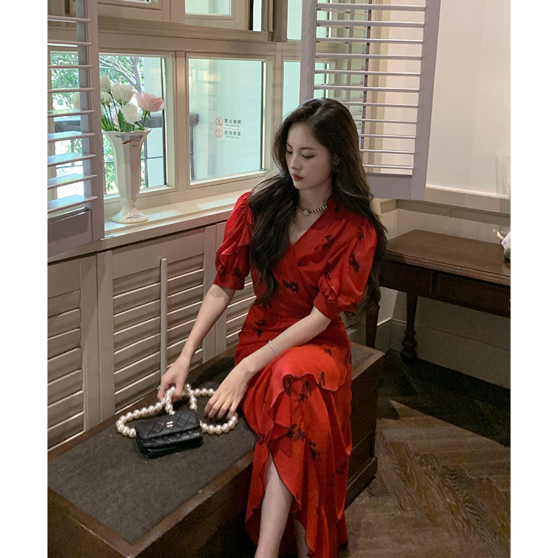 ZHUYIYI 红色复古木耳边碎花连衣裙女V领气质修身印花裙,淘宝优惠券,粉丝福利购,淘宝优惠卷