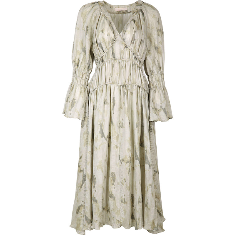 ZHUYIYI 早春新款气质显瘦V领法式碎花连衣裙女喇叭袖长袖雪纺裙,淘宝优惠券,粉丝福利购,淘宝优惠卷