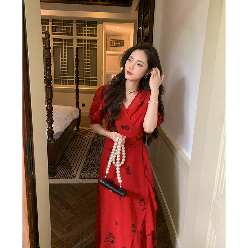 ZHUYIYI 红色复古木耳边碎花连衣裙女V领气质修身印花裙,淘宝优惠券,粉丝福利购,淘宝优惠卷