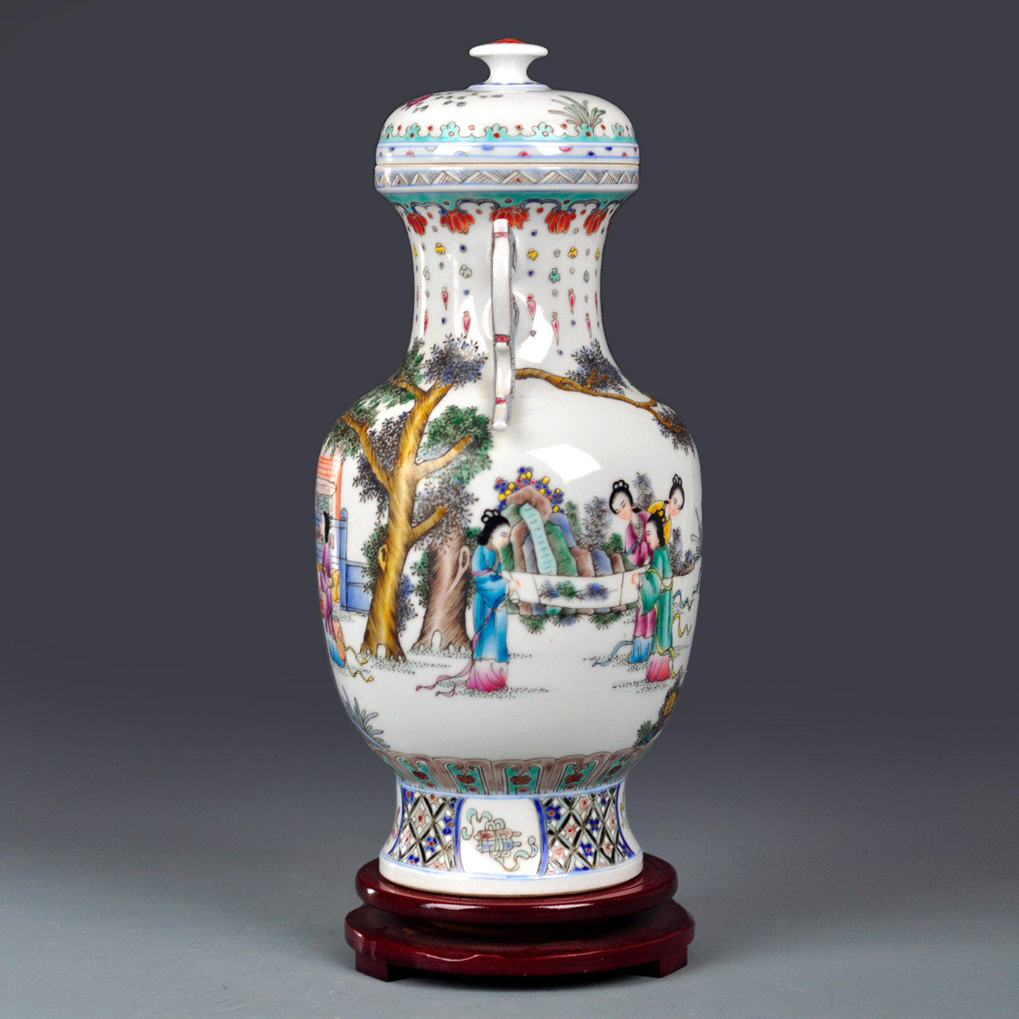 景德镇手绘粉彩双耳花瓶陶瓷古典装饰摆件带盖博古架工艺品摆设,淘宝优惠券,粉丝福利购,淘宝优惠卷