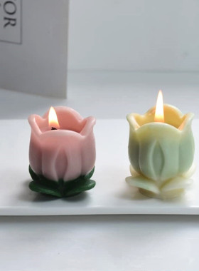 立体带叶郁金香硅胶模具手工香薰蜡烛石膏摆件蛋糕烘焙装饰磨具