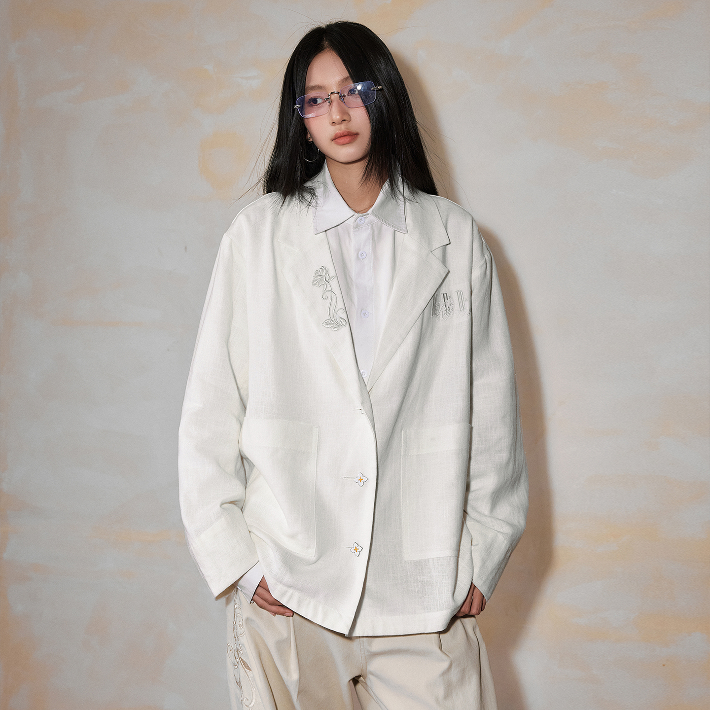 MEDM 新款亚麻字母刺绣纯色休闲西装高级感男女外套春秋商场同款 - 图1