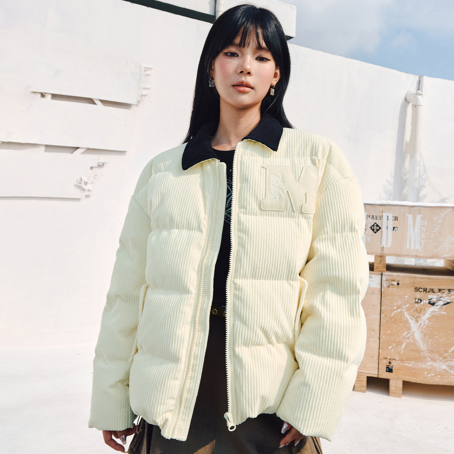 MEDM 90鸭绒灯芯绒翻领拼色休闲羽绒服男女冬季加厚保暖宽松外套 - 图0