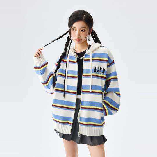 MEDM25SS Colored Striped Hooded Sweater Cardigan
