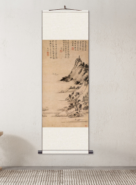 明 文嘉 石湖秋色图定制出国礼品新中式国画玄关装饰画丝绸卷轴