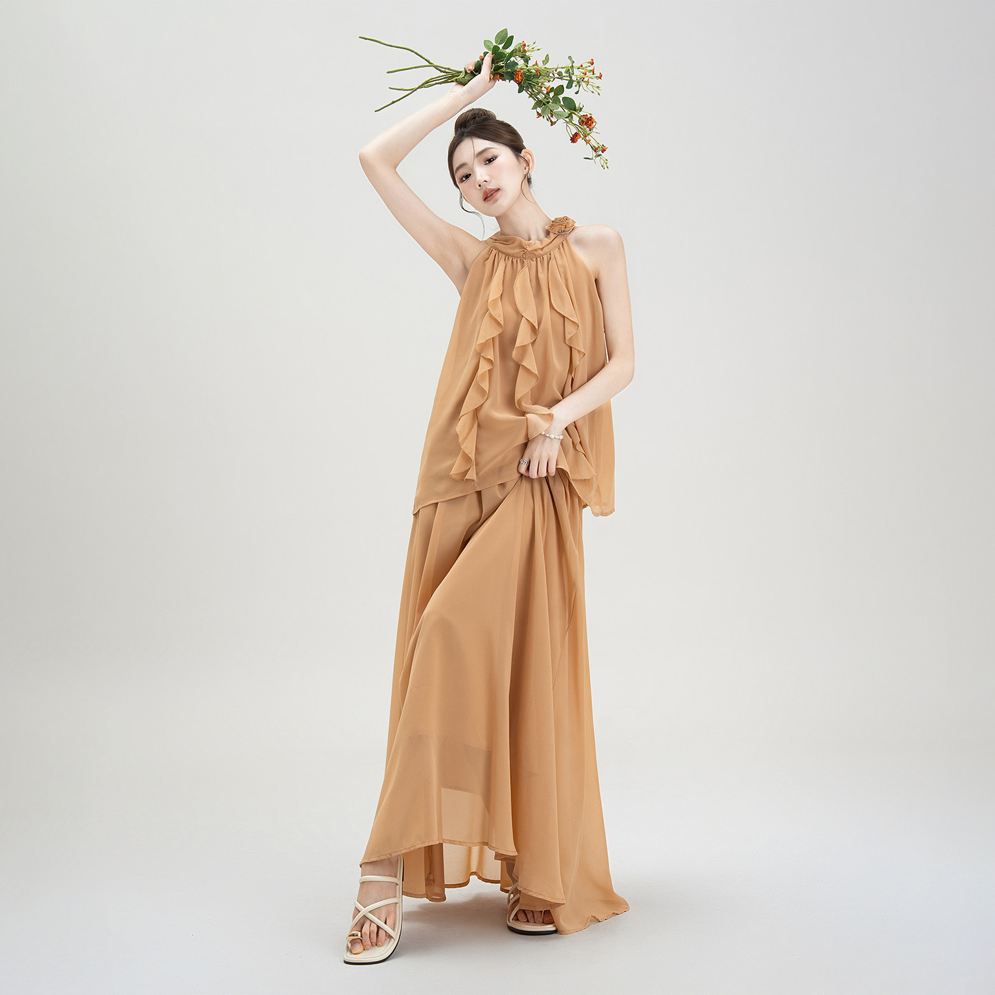 橙色法式荷叶边挂脖背心衬衫女夏季新款无袖雪纺上衣半身裙子套装,淘宝优惠券,粉丝福利购,淘宝优惠卷