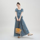 ຊຸດໂສ້ງຂາກວ້າງ denim ແຂນເສື້ອສີຟ້າ