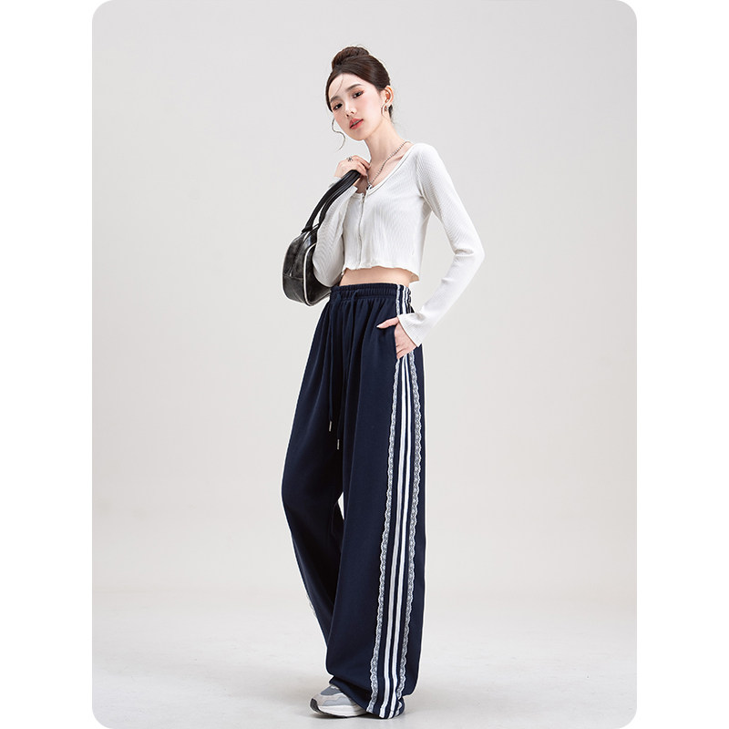 深蓝色两侧条纹蕾丝拼接加绒休闲卫裤女冬季新款宽松显瘦阔腿裤子,淘宝优惠券,粉丝福利购,淘宝优惠卷