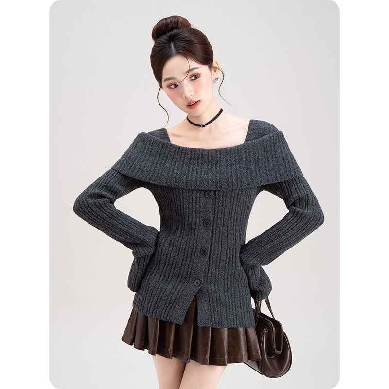 法式纯欲风一字肩针织衫毛衣女2026春秋新款单排扣修身打底衫上衣,淘宝优惠券,粉丝福利购,淘宝优惠卷