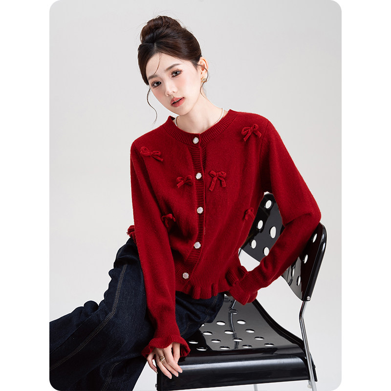 立体蝴蝶结木耳边针织开衫毛衣女2026春秋新款圣诞新年红外套上衣,淘宝优惠券,粉丝福利购,淘宝优惠卷